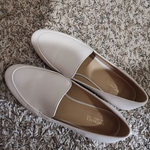 MK white leather loafers